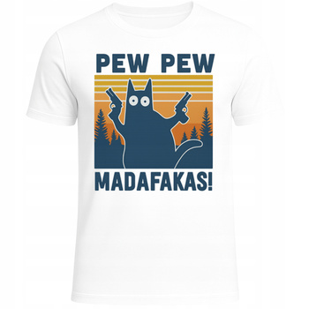 Koszulka z Nadrukiem Kota PEW PEW MADAFAKAS Śmieszny T-Shirt na Prezent