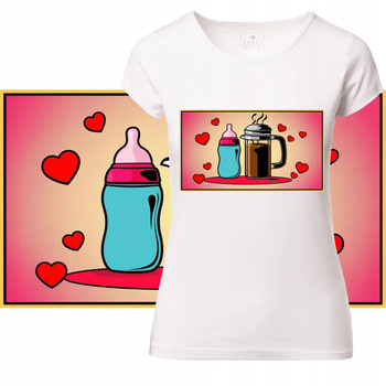 T-Shirt Damski Koszulka Nadruk Butelka Kawa Serca Dzień Matki Prezent