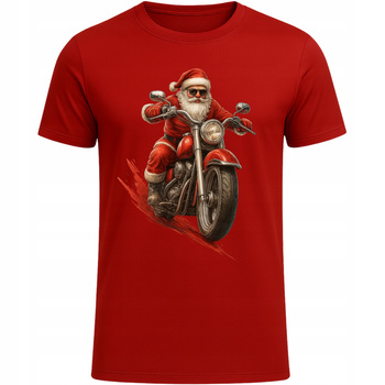 Koszulka Świąteczna Śmieszny Nadruk Mikołaj na Motocyklu Super Prezent CZERWONY