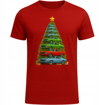 Koszulka Świąteczna Prezent Boże Narodzenie Mikołajki HIT Auta Choinka CZERWONY
