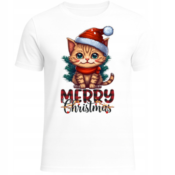 Koszulka Świąteczna z Nadrukiem Kot w Czapce Mikołaja Prezent na Święta