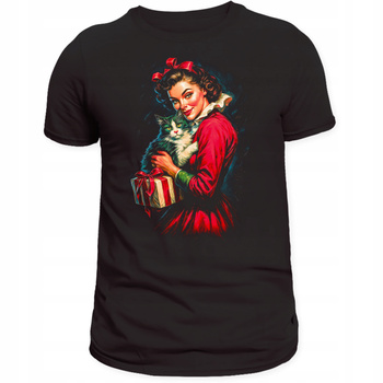 Koszulka Świąteczna Pani z Kotem Retro Nadruk 3D Prezent Bawełna