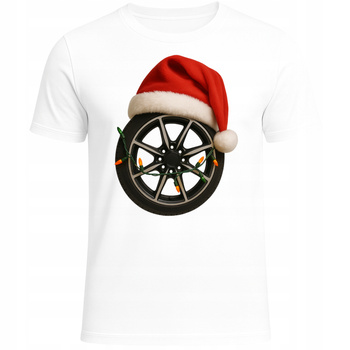 Koszulka Świąteczna z Nadrukiem Felga w Czapce Mikołaja Motoryzacyjna