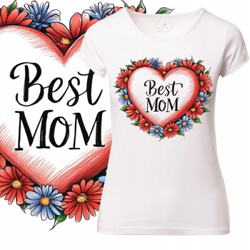 T-Shirt Damski Koszulka Nadruk Serce Kwiaty Mom Dzień Matki Prezent