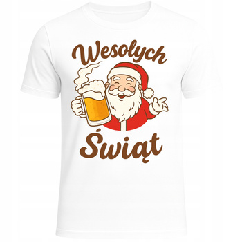 Koszulka Świąteczna z Nadrukiem Mikołaj z Piwem Wesołych Świąt Prezent